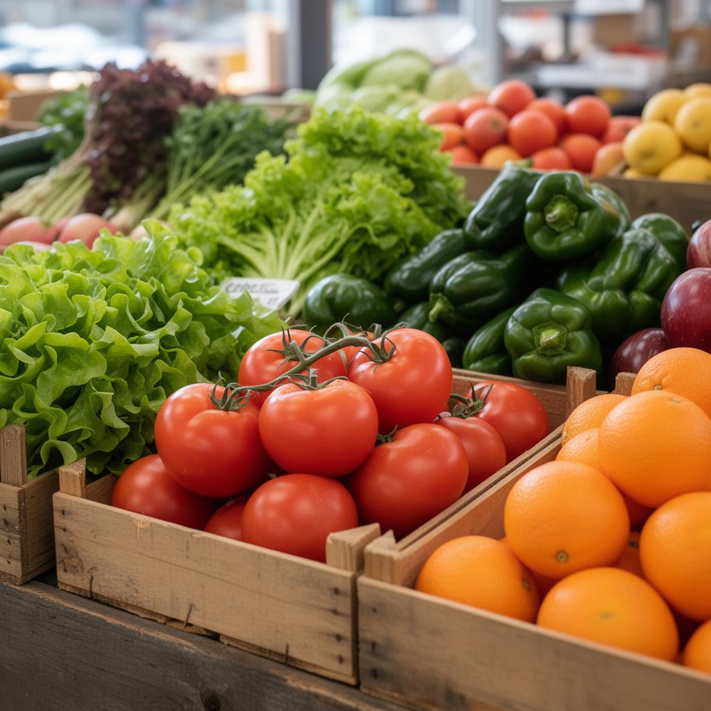 Cajones de frutas y verduras frescas listas para reparto