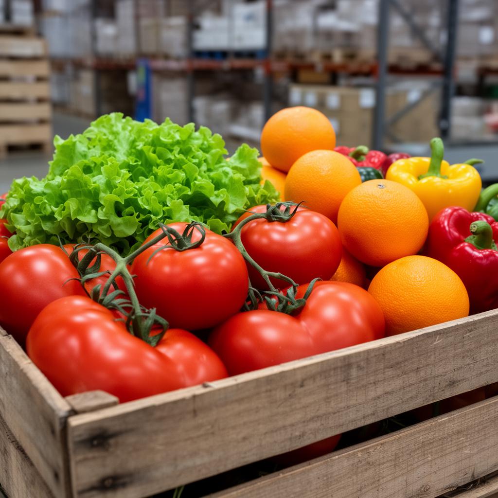 Cajón con frutas y verduras frescas seleccionadas