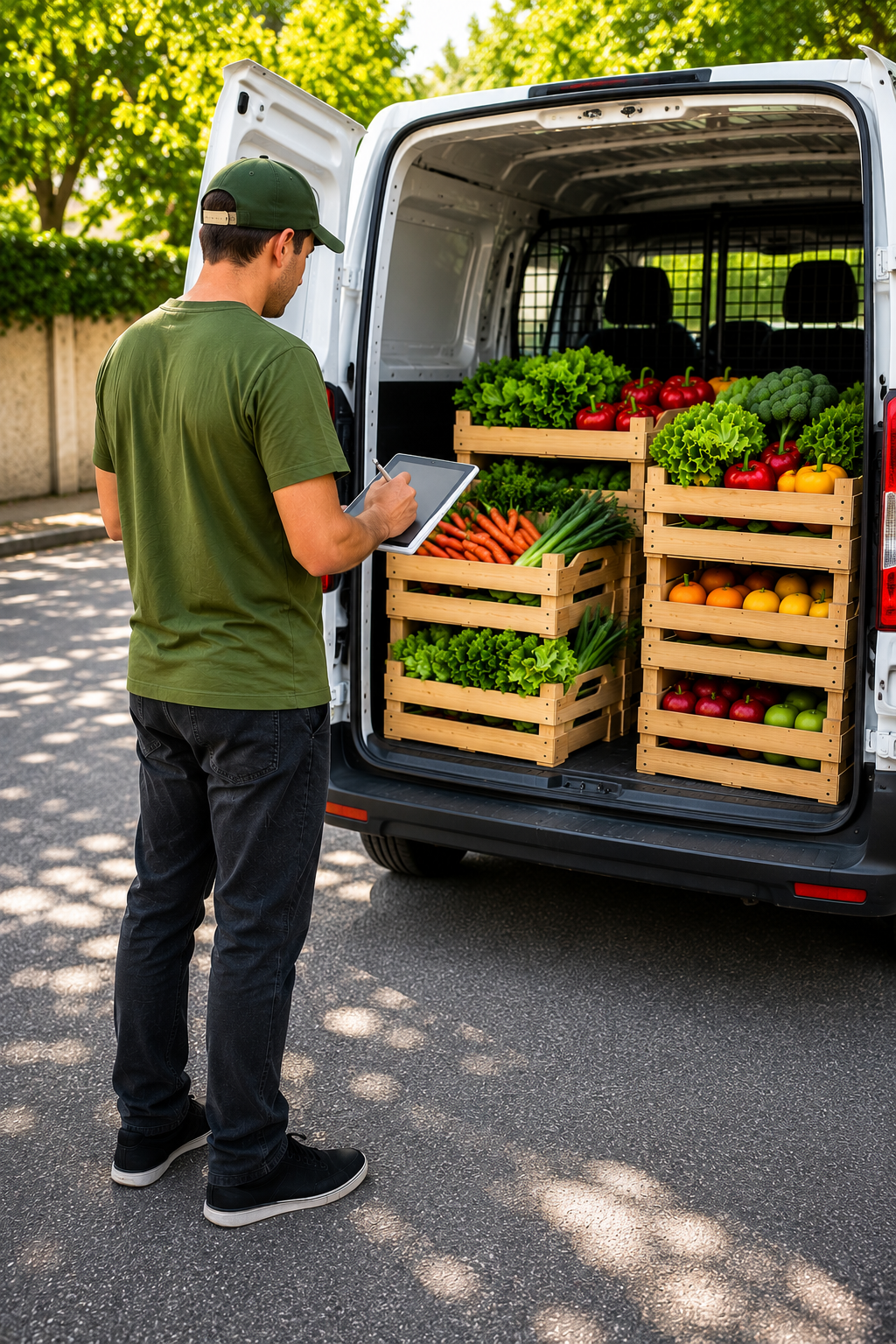 Repartidor cargando cajones de frutas y verduras frescas en la camioneta